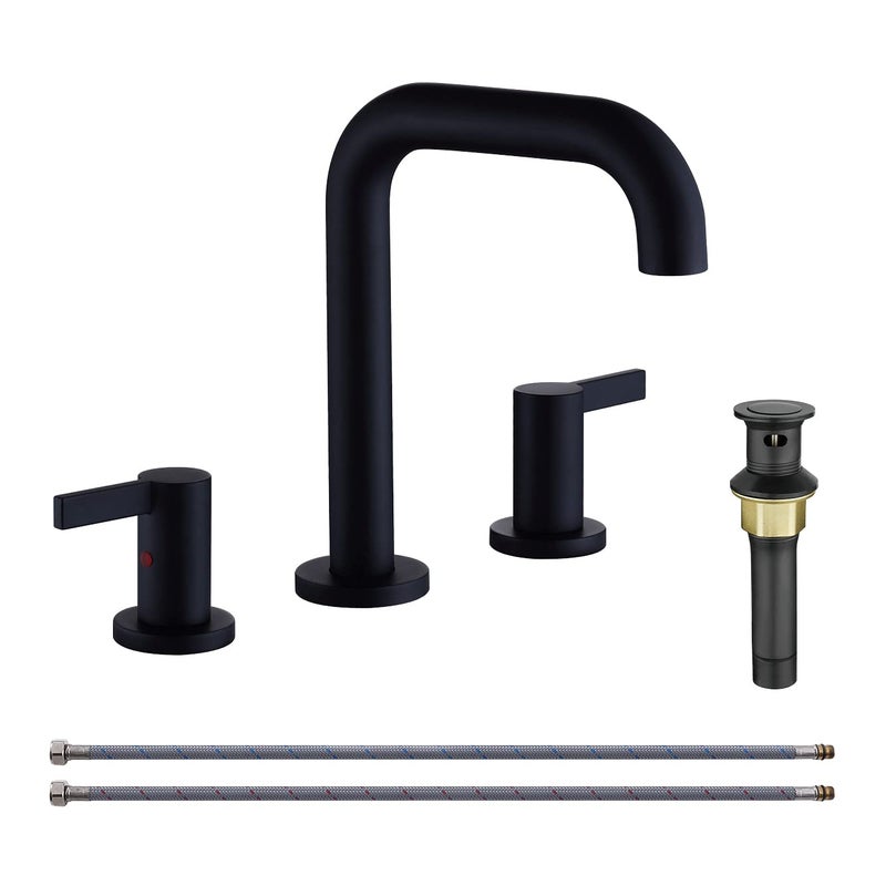 RKF Bathroom Faucets for Sink 3 Hole Black 8 Inch Widespread Bathroom Sink Faucet with Drain Bouble Lever Handle Faucet Vanity CWF028-MB - Image 1